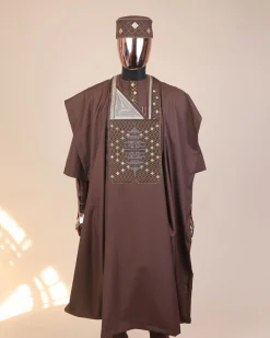 A Caramel Brown, chinoiserie chic pagoda with layers metallic wire embroidery details agbada