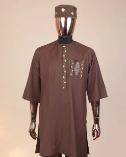 A caramel Brown, chinoiserie chic pagoda with layers metallic wire embroidery details, African kaftan native.