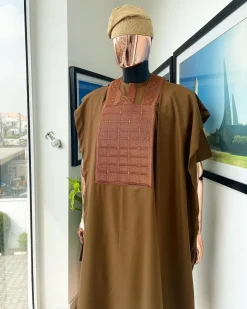 A Caramel brown, distributed square and dotted circle embroidery Agbada