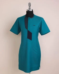A Castleton green, front flap, patterned flap with black Swarovski button, short sleeve African senator kaftan native.