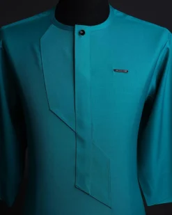 A Castleton green, front flap, patterned flap with black Swarovski button, short sleeve African senator kaftan native.