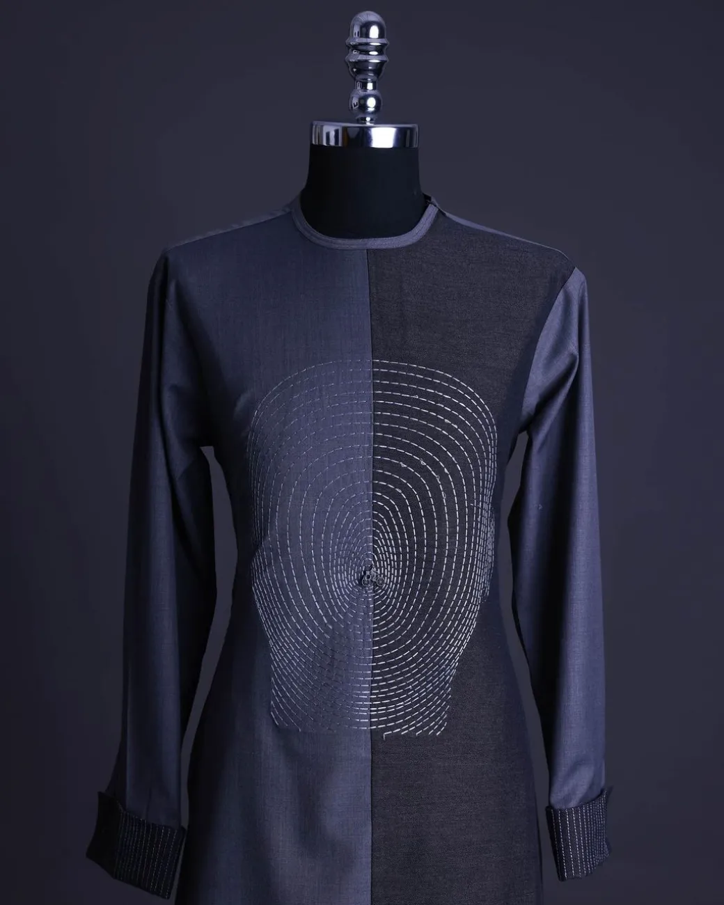 A charcoal and porpoise grey, Mid-Cut with head hologram embroidery detailing African senator kaftan native.