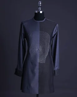 A charcoal and porpoise grey, Mid-Cut with head hologram embroidery detailing African senator kaftan native.