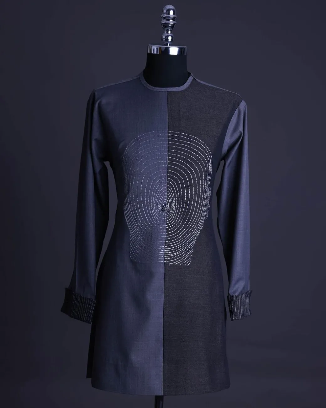 A charcoal and porpoise grey, Mid-Cut with head hologram embroidery detailing African senator kaftan native.