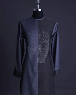 A charcoal and porpoise grey, Mid-Cut with head hologram embroidery detailing African senator kaftan native.