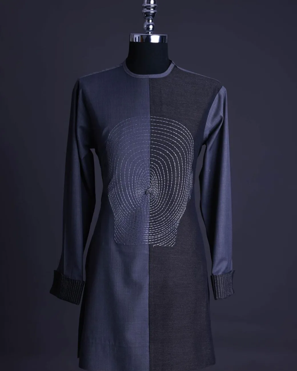 A charcoal and porpoise grey, Mid-Cut with head hologram embroidery detailing African senator kaftan native.