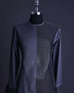 A charcoal and porpoise grey, Mid-Cut with head hologram embroidery detailing African senator kaftan native.