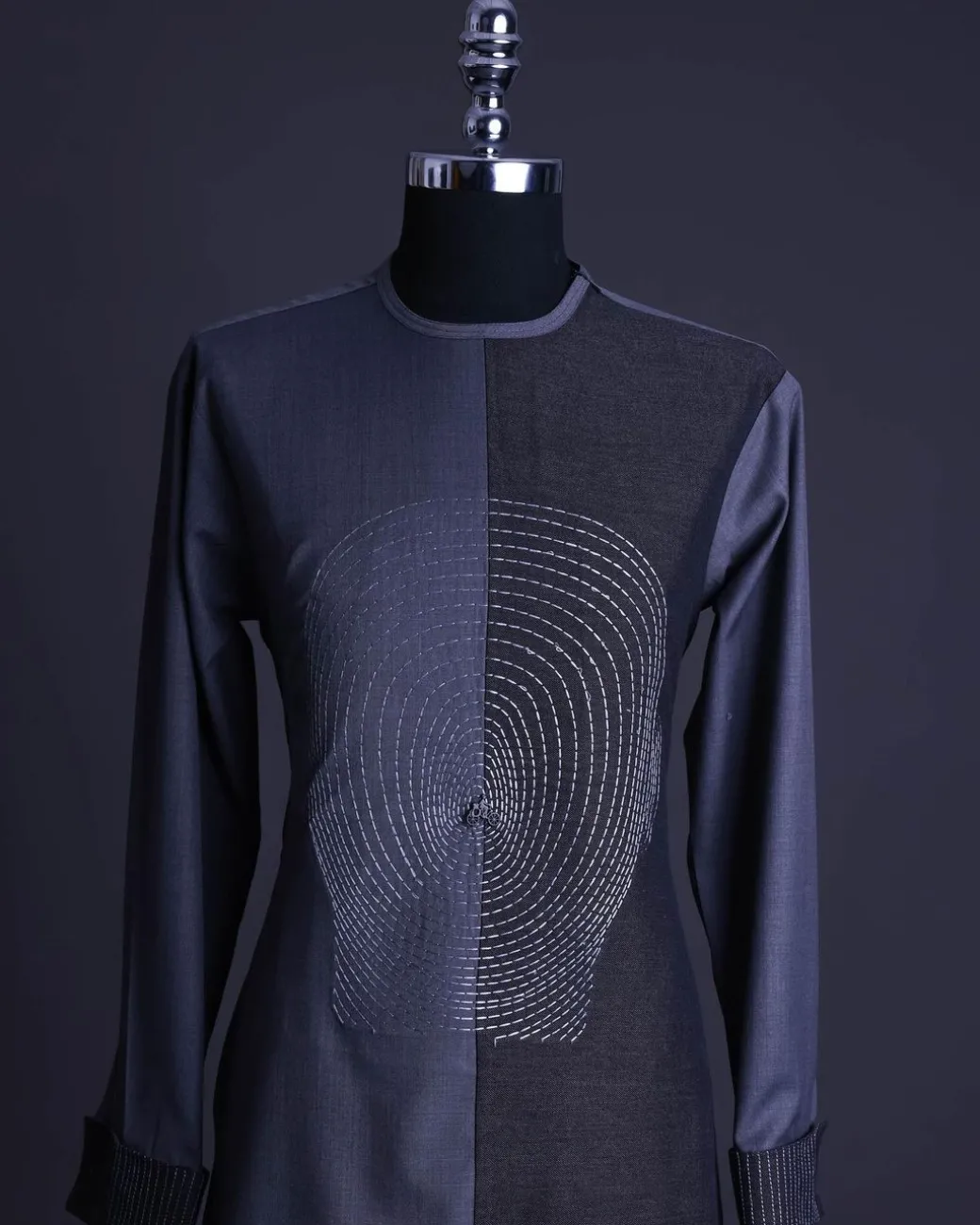 A charcoal and porpoise grey, Mid-Cut with head hologram embroidery detailing African senator kaftan native.