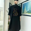A Charcoal black, a thrown javelin metallic wire embroidery details agbada, 3/4 sleeve kaftan & sokoto