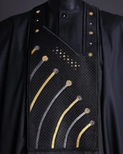A Charcoal black, a thrown javelin metallic wire embroidery details agbada, 3/4 sleeve kaftan & sokoto