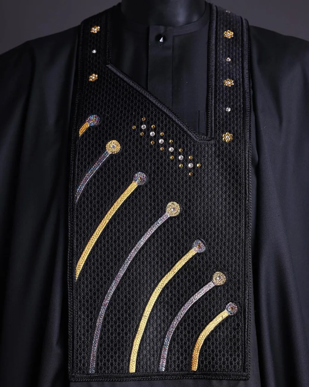 A Charcoal black, a thrown javelin metallic wire embroidery details agbada, 3/4 sleeve kaftan & sokoto