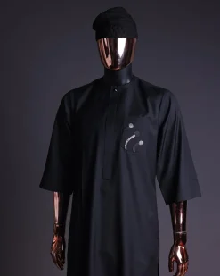 A Charcoal black, a thrown javelin metallic wire embroidery details agbada, 3/4 sleeve kaftan & sokoto