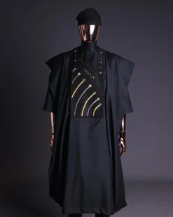 A Charcoal black, a thrown javelin metallic wire embroidery details agbada, 3/4 sleeve kaftan & sokoto