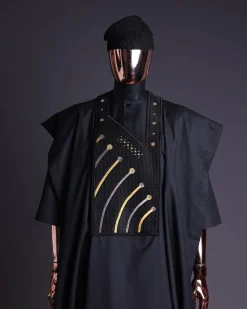A Charcoal black, a thrown javelin metallic wire embroidery details agbada, 3/4 sleeve kaftan & sokoto