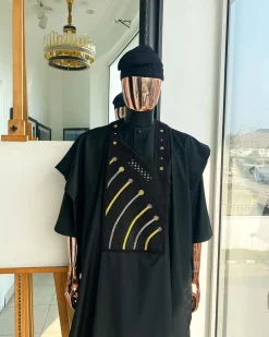 A Charcoal black, a thrown javelin metallic wire embroidery details agbada, 3/4 sleeve kaftan & sokoto