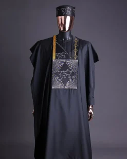 A Charcoal Black, Ajala The Traveler Metallic Wire Embroidery Details Agbada With Swarovski Stone