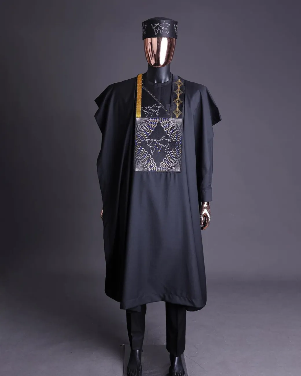 A Charcoal Black, Ajala The Traveler Metallic Wire Embroidery Details Agbada With Swarovski Stone