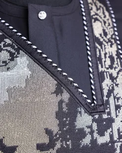 A charcoal black, Alexander 3 portrait embroidery details agbada, silver clear view Swarovski buttons on 3/4 sleeve kaftan & sokoto