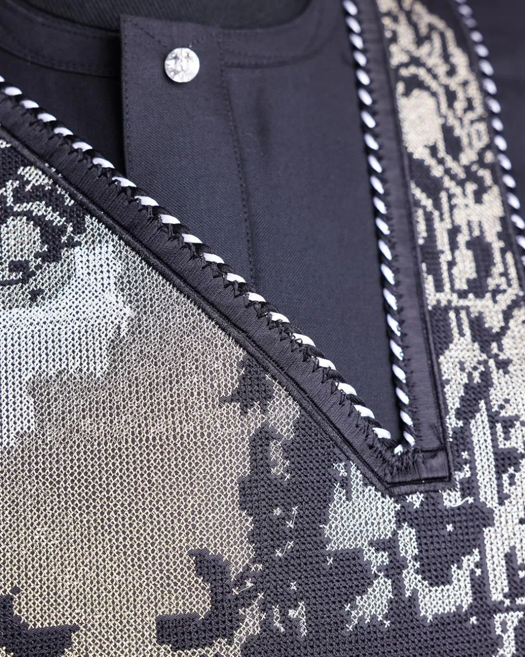 A charcoal black, Alexander 3 portrait embroidery details agbada, silver clear view Swarovski buttons on 3/4 sleeve kaftan & sokoto