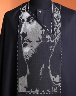 A charcoal black, Alexander 3 portrait embroidery details agbada, silver clear view Swarovski buttons on 3/4 sleeve kaftan & sokoto