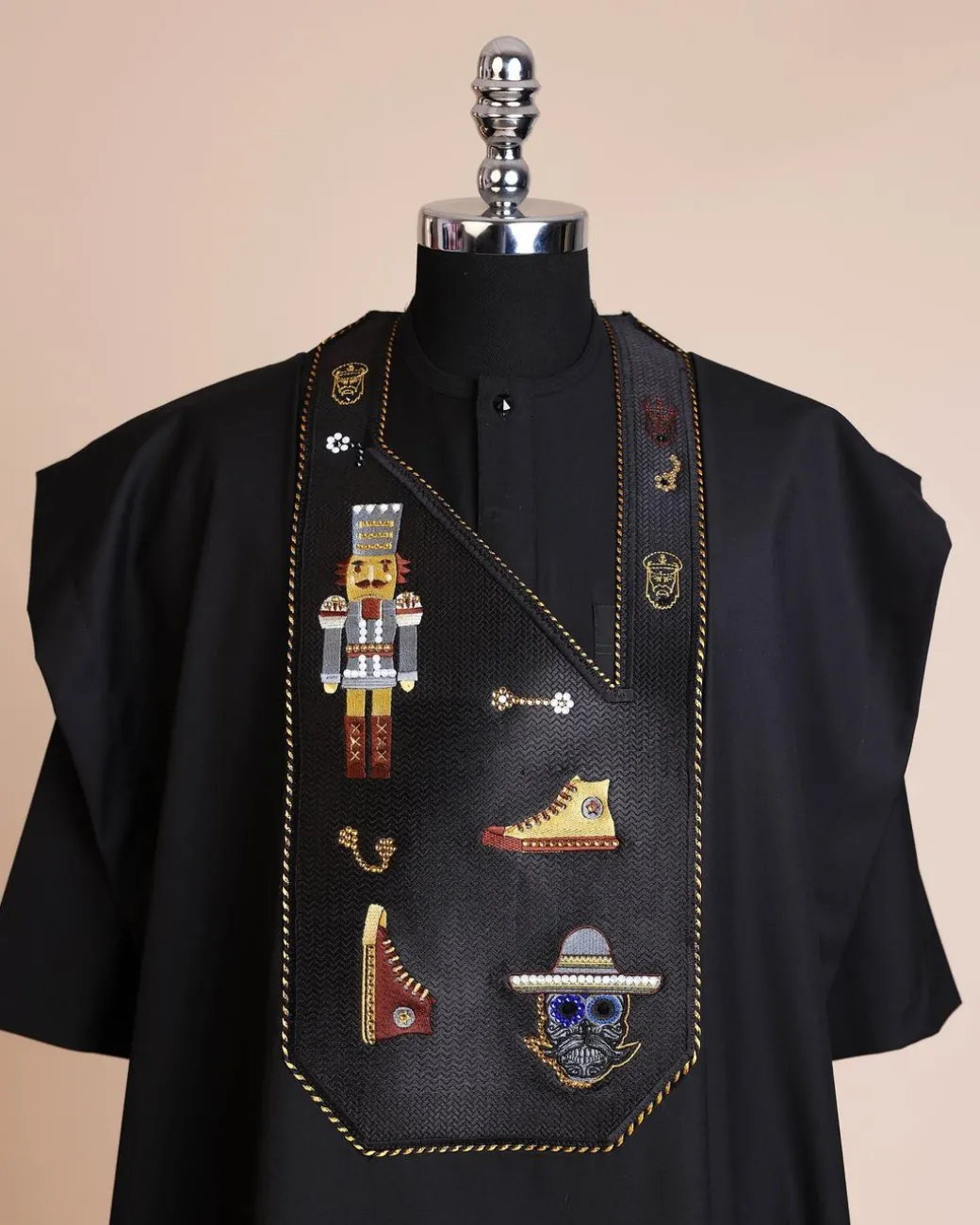 A Charcoal black, all stars, skull, bearded sailor & gold and silver Swarovski stone details agbada