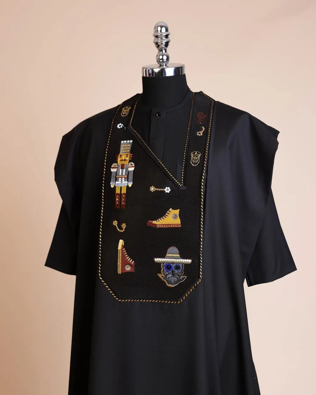 A Charcoal black, all stars, skull, bearded sailor & gold and silver Swarovski stone details agbada
