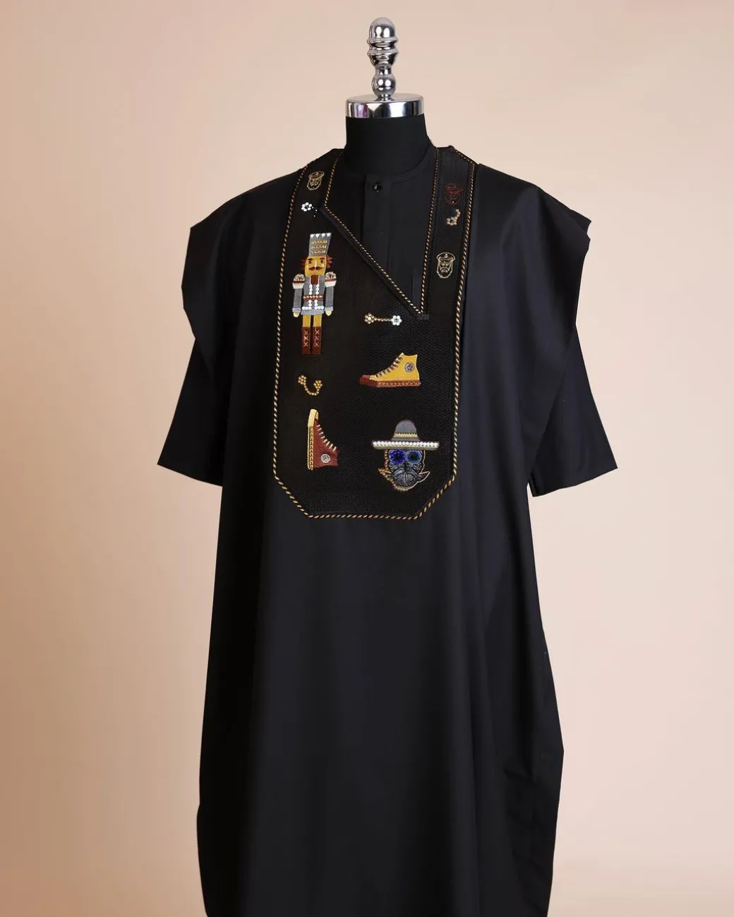 A Charcoal black, all stars, skull, bearded sailor & gold and silver Swarovski stone details agbada