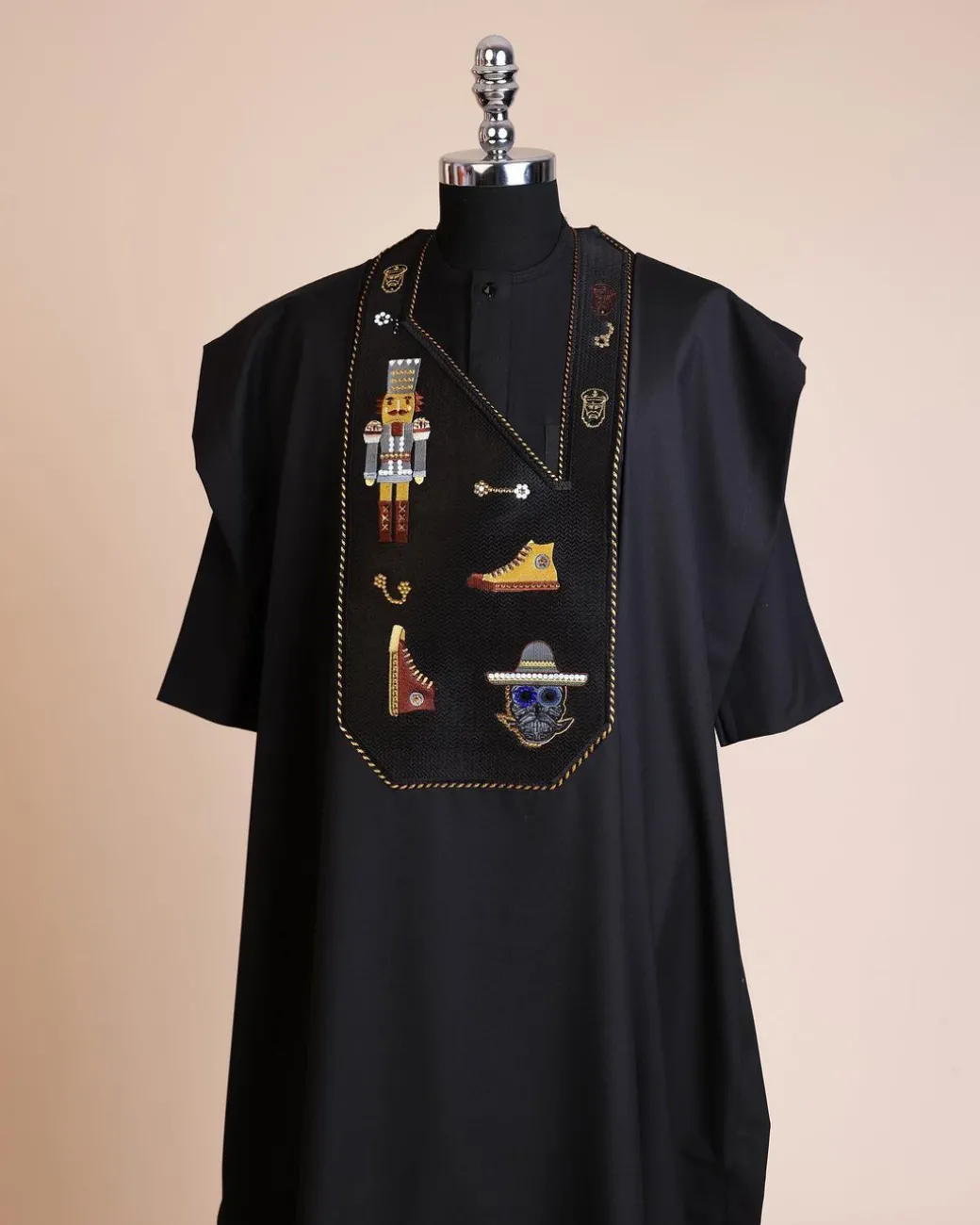 A Charcoal black, all stars, skull, bearded sailor & gold and silver Swarovski stone details agbada