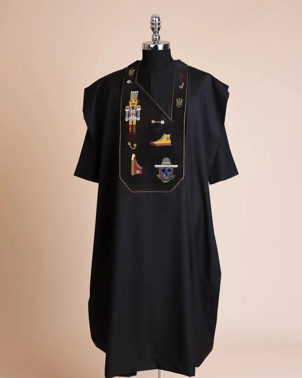 A Charcoal black, all stars, skull, bearded sailor & gold and silver Swarovski stone details agbada