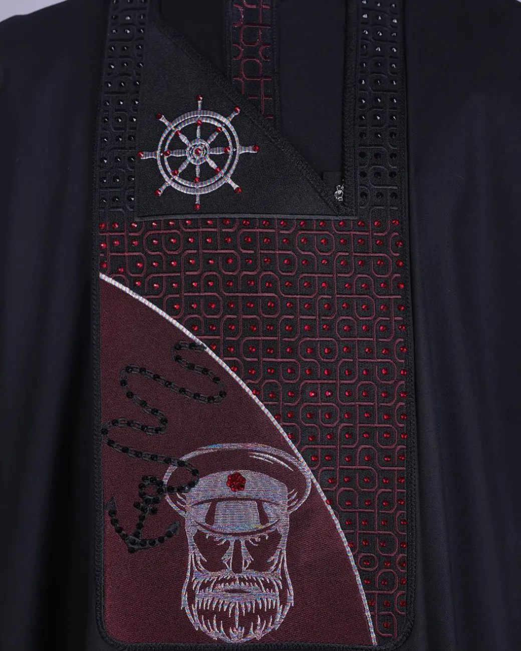 A Charcoal Black, Anchor, Wheel & Sailor Wire Embroidery Details Agbada