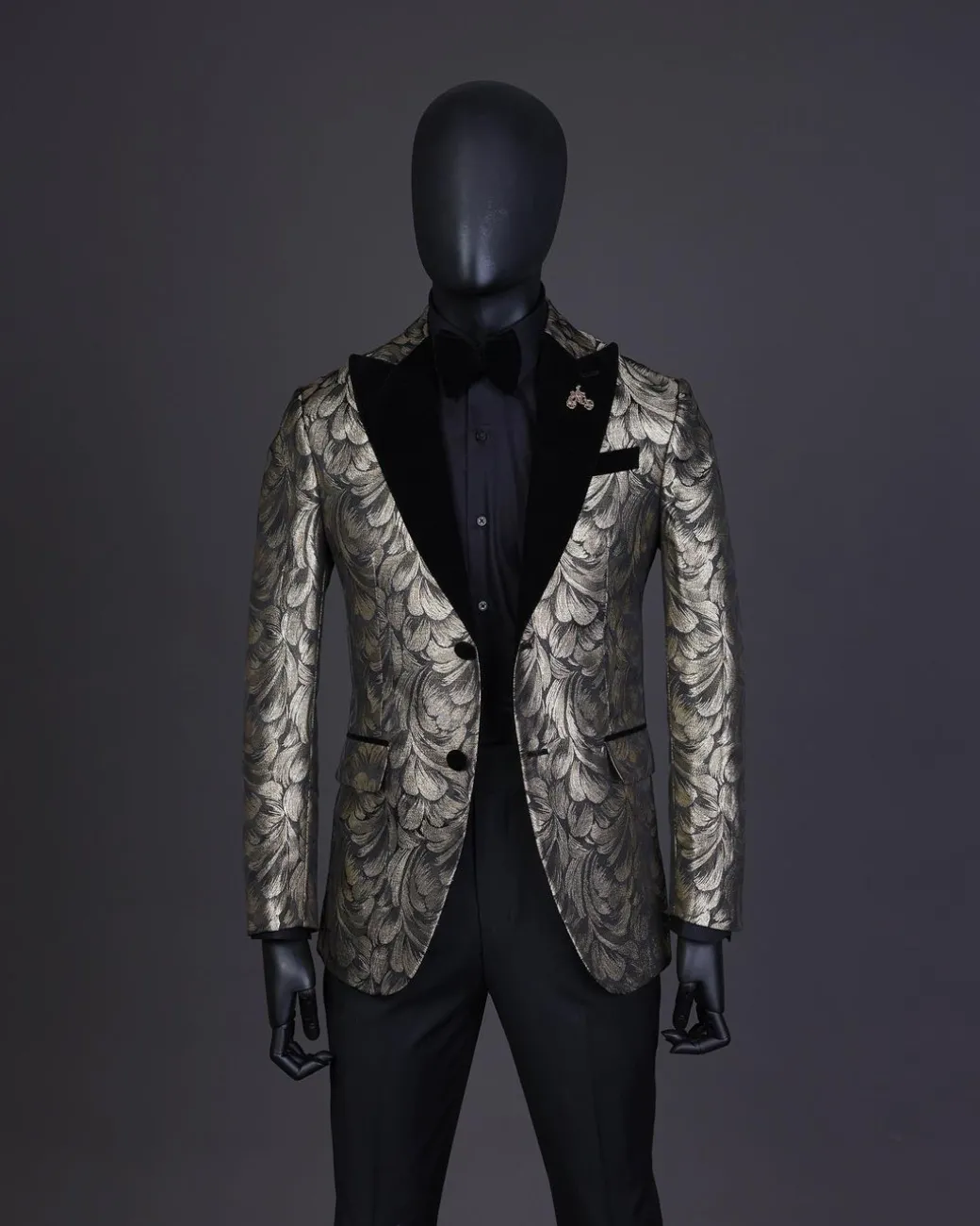 A Charcoal Black And Gold Splash, Peak Lapel Tuxedo Suit