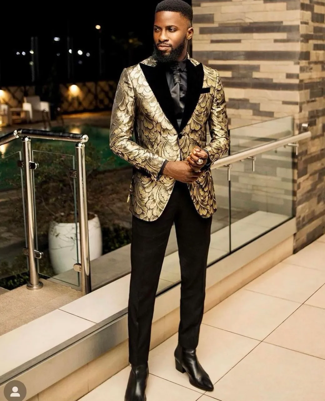 A Charcoal Black And Gold Splash, Peak Lapel Tuxedo Suit.