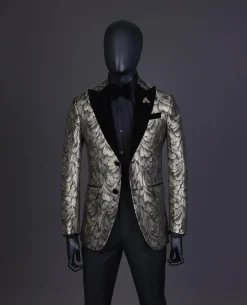 A Charcoal Black And Gold Splash, Peak Lapel Tuxedo Suit.