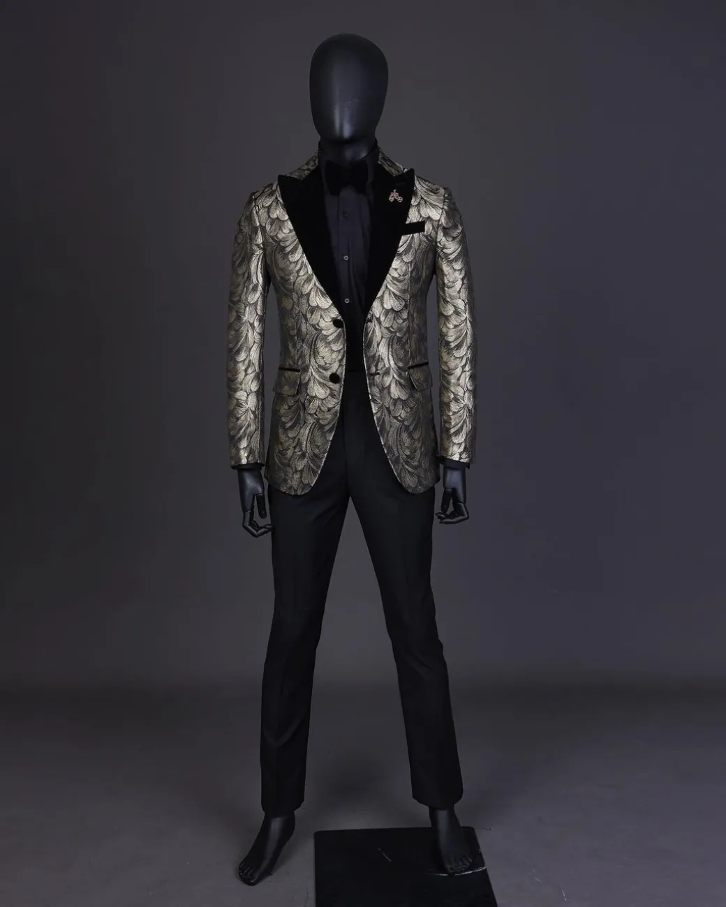 A Charcoal Black And Gold Splash, Peak Lapel Tuxedo Suit