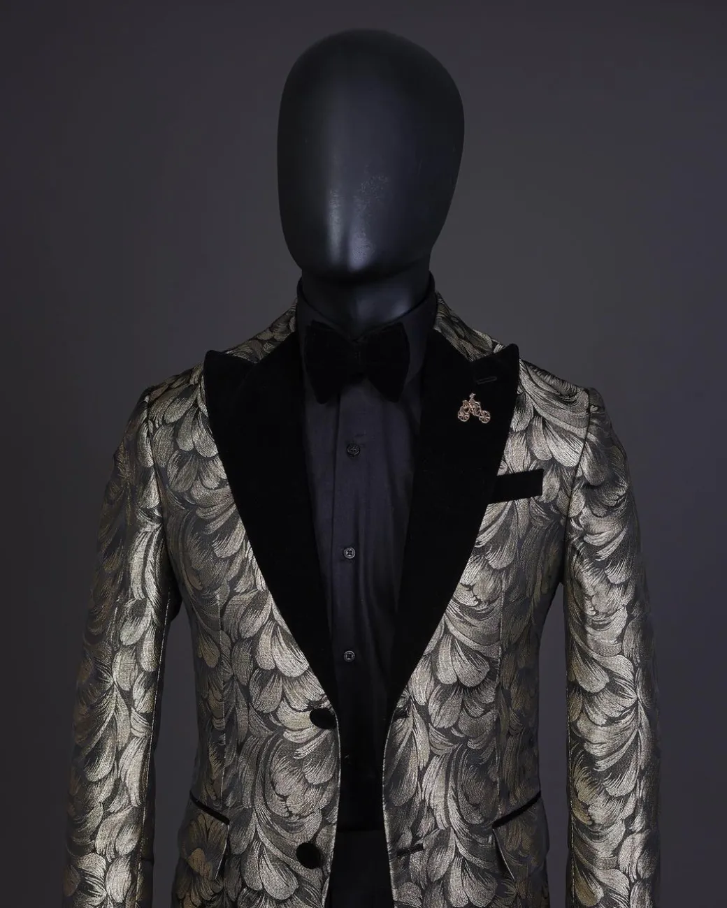 A Charcoal Black And Gold Splash, Peak Lapel Tuxedo Suit