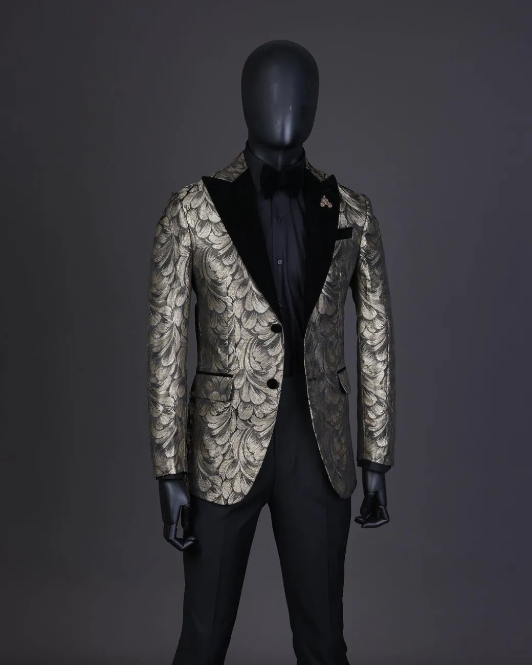 A Charcoal Black And Gold Splash, Peak Lapel Tuxedo Suit