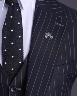 A charcoal black and ivory pencil stripe, notch lapel, knitted one button suit