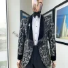 A Charcoal black and silver grey Metallic coarse and floral pattern jacquard tuxedo Suit
