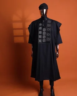 A Charcoal black, “Arewa” interwoven pattern embroidery details Agbada