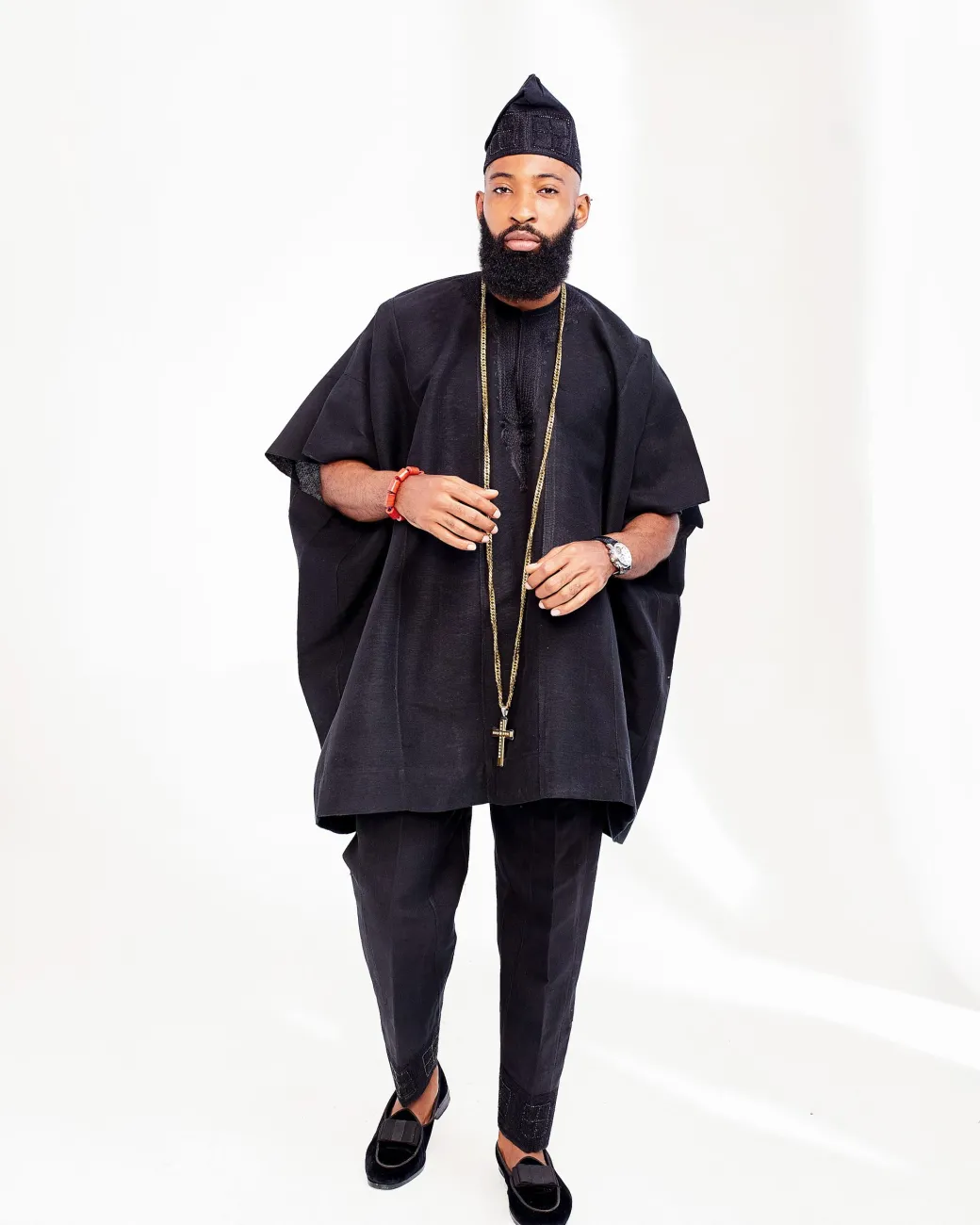 A Charcoal Black Aso Oke Dashik, Hand Swarovski Crystal Design Hat
