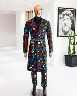 A Charcoal Black “Bikers” leather Jacket with X multicolor painting, double breasted layered trench
