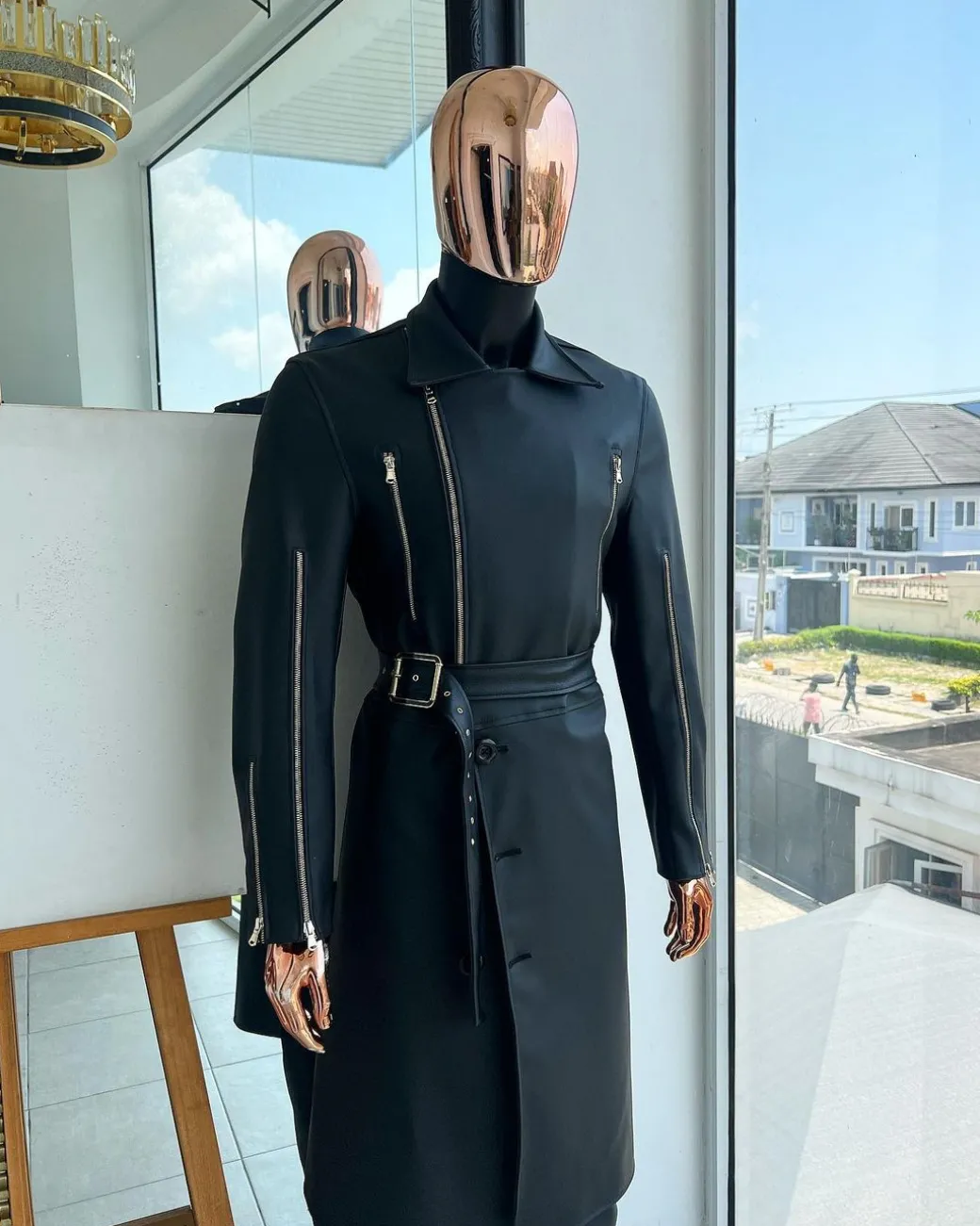 A Charcoal Black “Bikers” leather double breasted layered trench Jacket, belt & leather trousers.