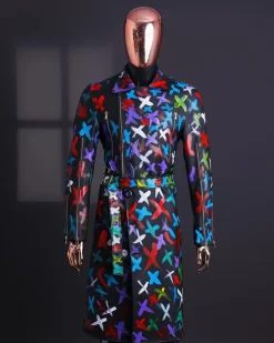 A Charcoal Black “Bikers” leather Jacket with X multicolor painting, double breasted layered trench