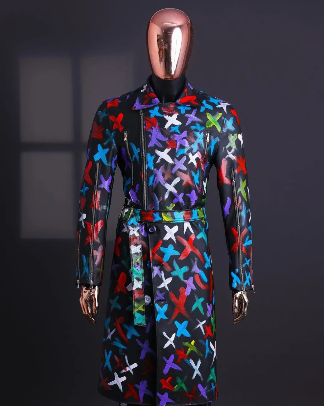 A Charcoal Black “Bikers” leather Jacket with X multicolor painting, double breasted layered trench