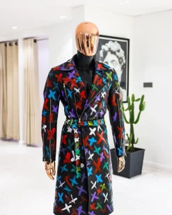 A Charcoal Black “Bikers” leather Jacket with X multicolor painting, double breasted layered trench