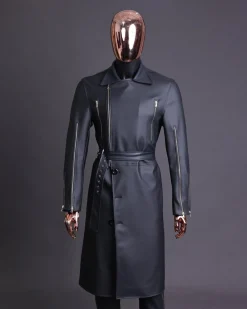 A Charcoal Black “Bikers” leather double breasted layered trench Jacket, belt & leather trousers.