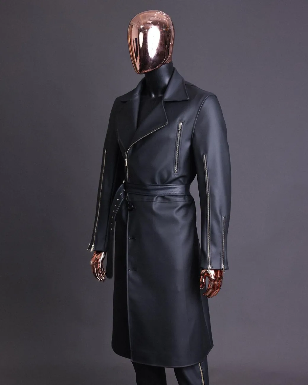 A Charcoal Black “Bikers” leather double breasted layered trench Jacket, belt and leather trousers.