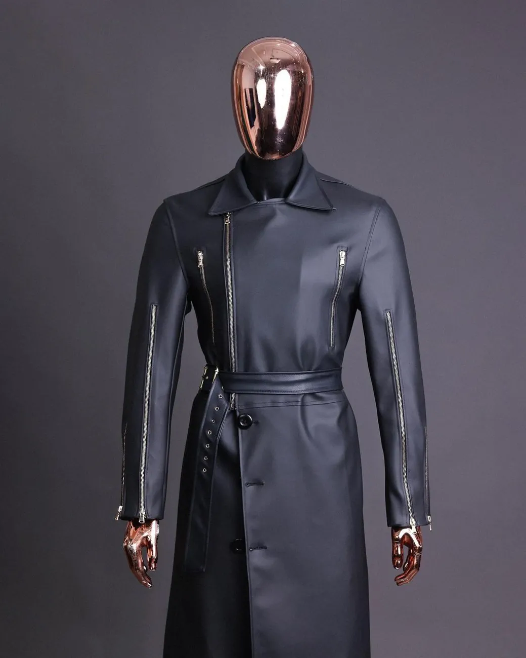 A Charcoal Black “Bikers” leather double breasted layered trench Jacket, belt & leather trousers.