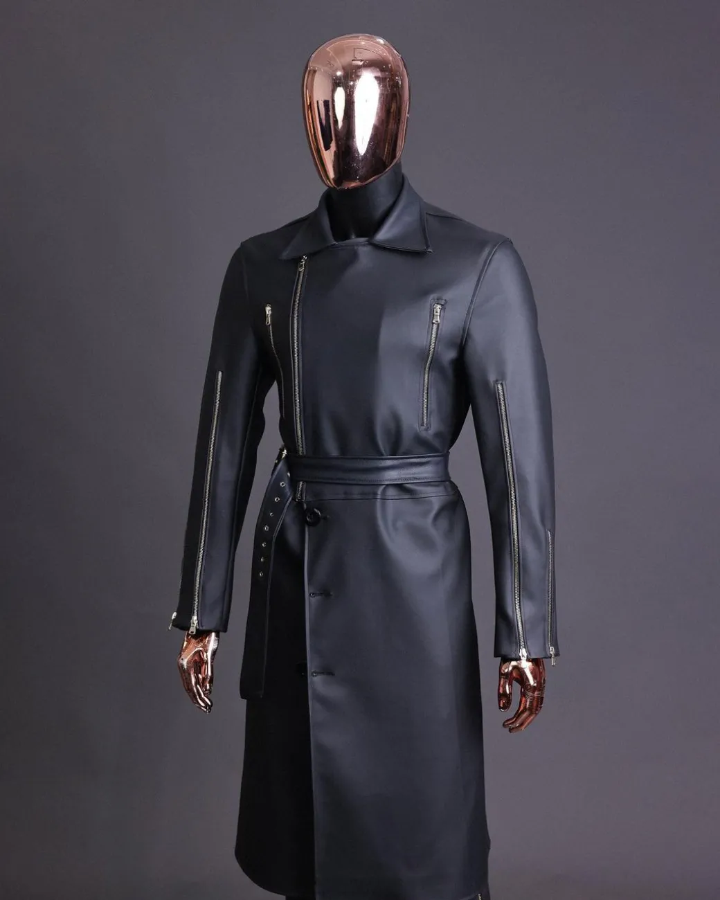 A Charcoal Black “Bikers” leather double breasted layered trench Jacket, belt & leather trousers.