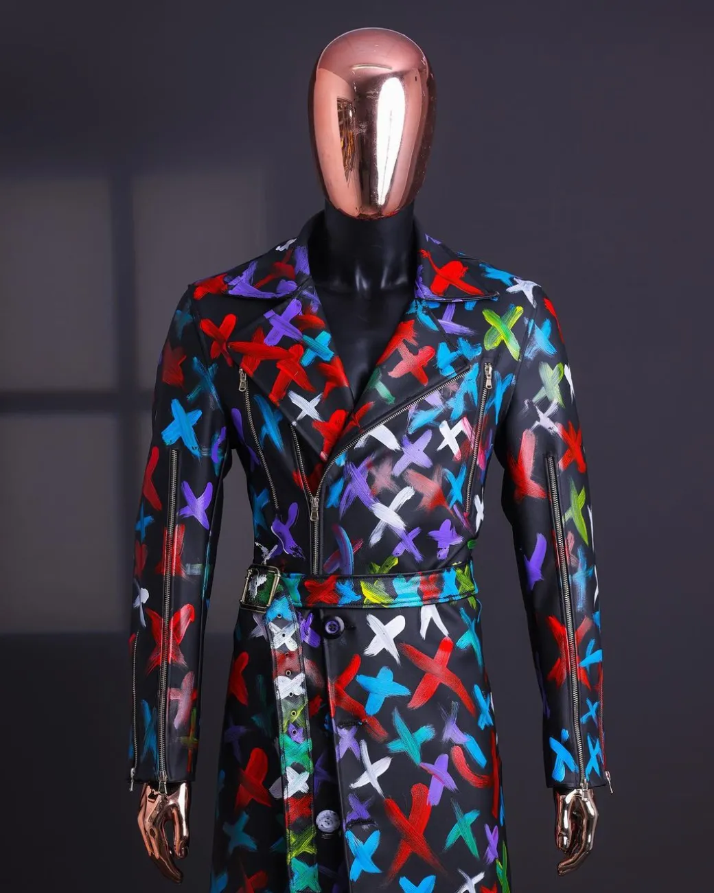 A Charcoal Black “Bikers” leather Jacket with X multicolor painting, double breasted layered trench